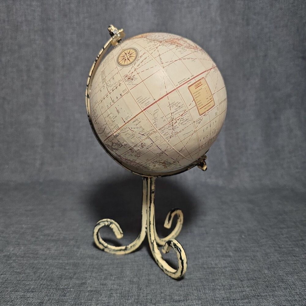 Vintage Style World Globe On Distressed Metal Base Dark Academia Library Decor